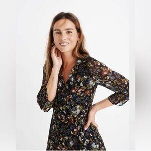 NWT Madewell Black Floral Long-Sleeve V-Neck Dress, size XXS